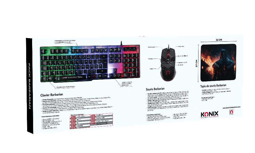 Pack Gaming Konix Drakkar Barbarian – Clavier AZERTY & Souris PC