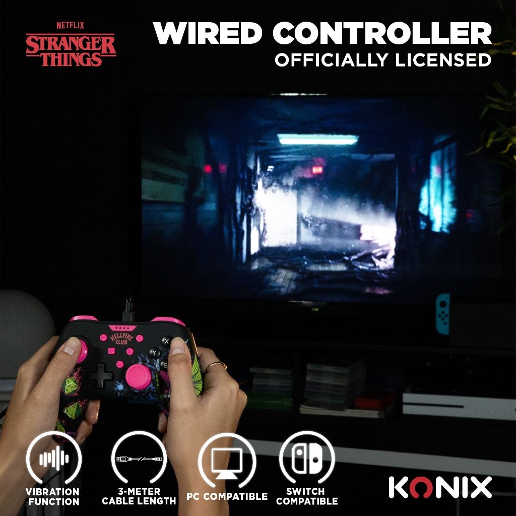 Manette Filaire Konix Stranger Things – Compatible Switch, Switch 2 & PC | Noir/Rose