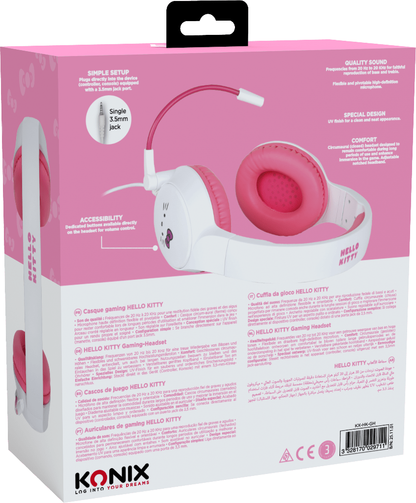 Casque Gaming Konix Hello Kitty Filaire – PC, PS4, PS5, Switch, Xbox | Blanc/Rose