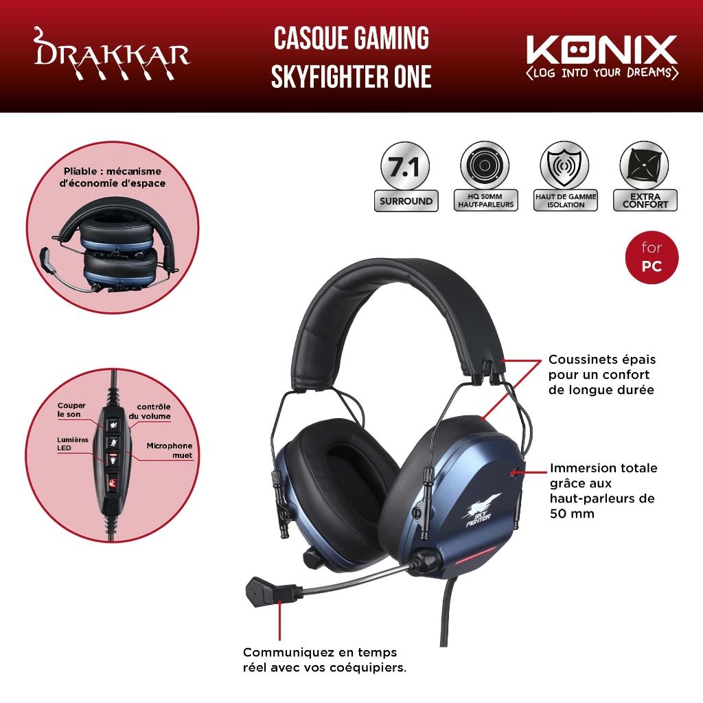 Casque Gaming Konix Skyfighter One – PC USB et LED