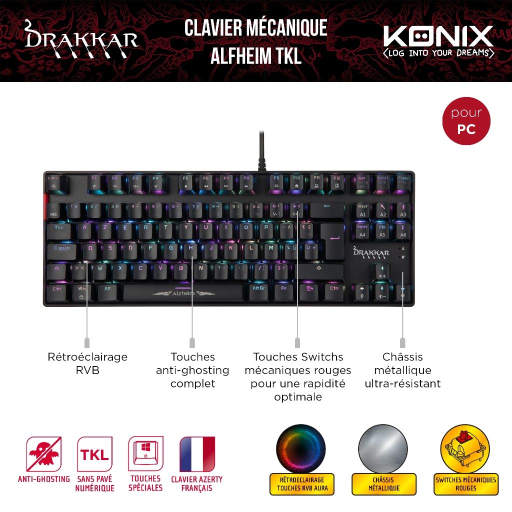 Clavier Gaming Konix Drakkar Alfheim TKL Mécanique AZERTY
