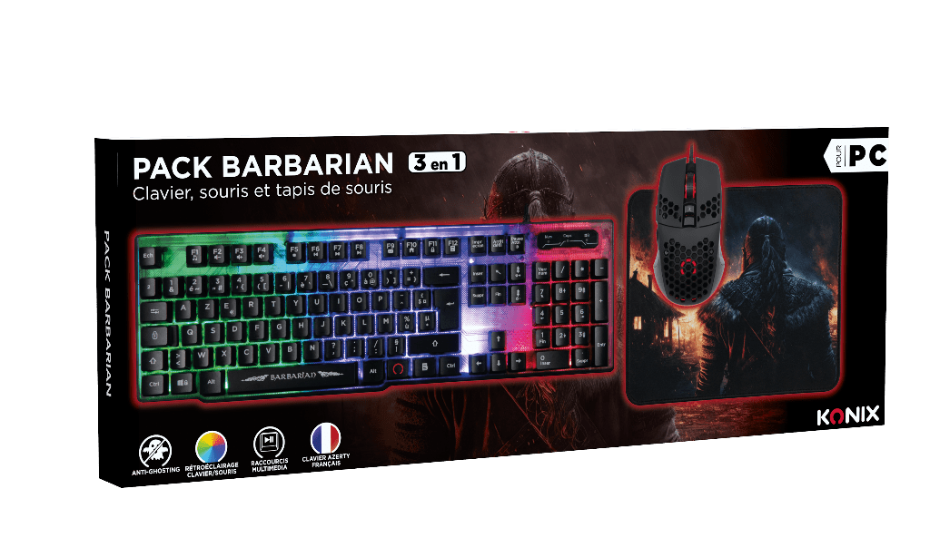 Pack Gaming Konix Drakkar Barbarian – Clavier AZERTY & Souris PC