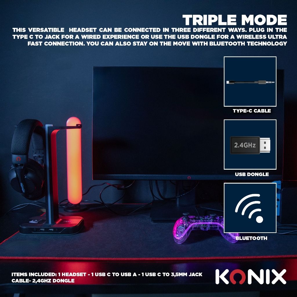 Casque Gaming Konix Pulsar Ultraléger 180 g – PC | Bluetooth, USB & Type - C – Noir