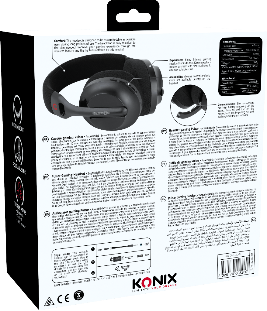 Casque Gaming Konix Pulsar Ultraléger 180 g – PC | Bluetooth, USB & Type - C – Noir