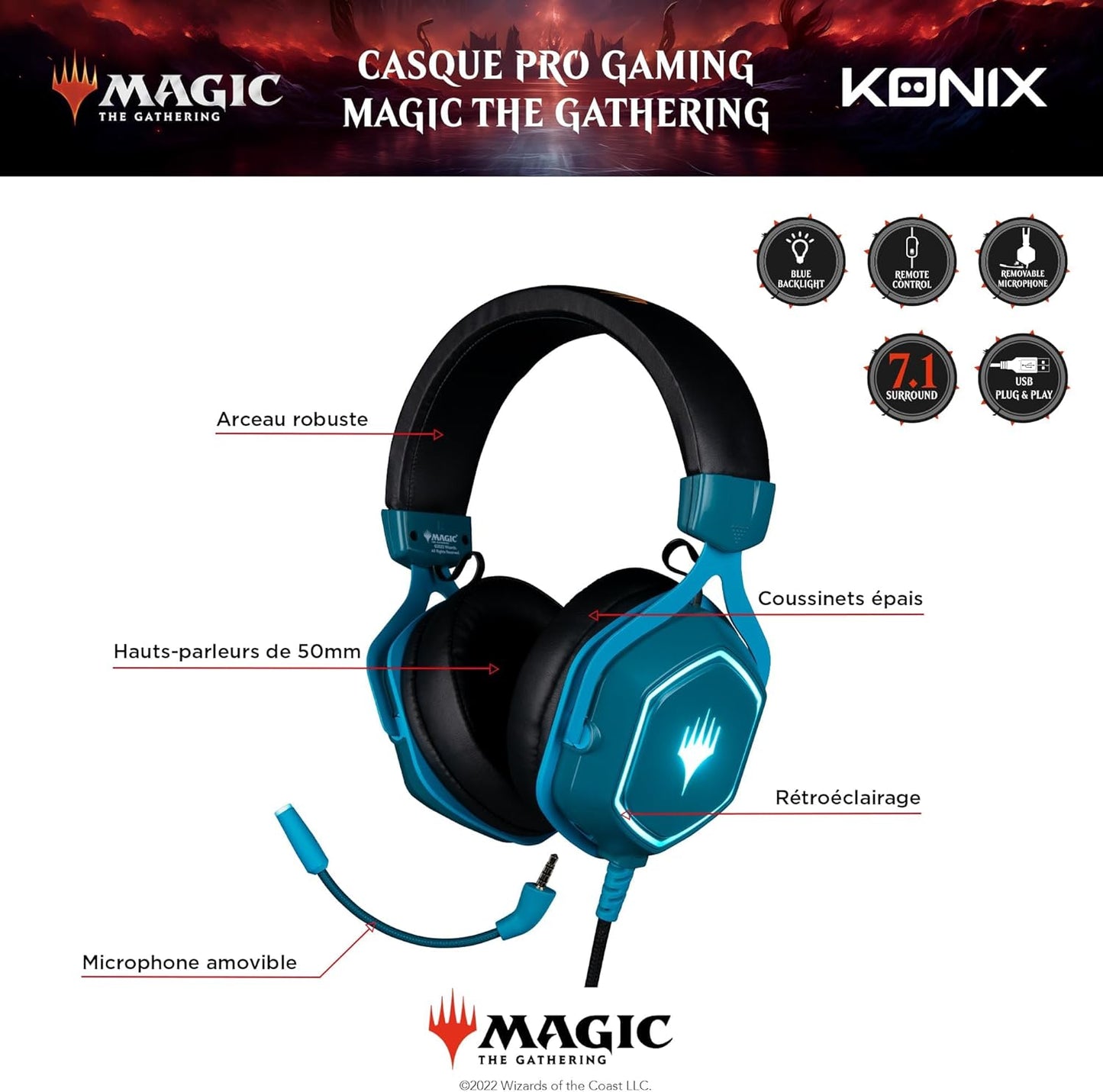 Casque Gaming Konix Magic The Gathering Filaire USB 50 mm – PC | Bleu