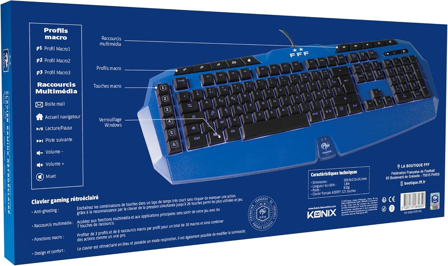 Clavier Gaming Filaire Konix FFF AZERTY Rétroéclairé Bleu