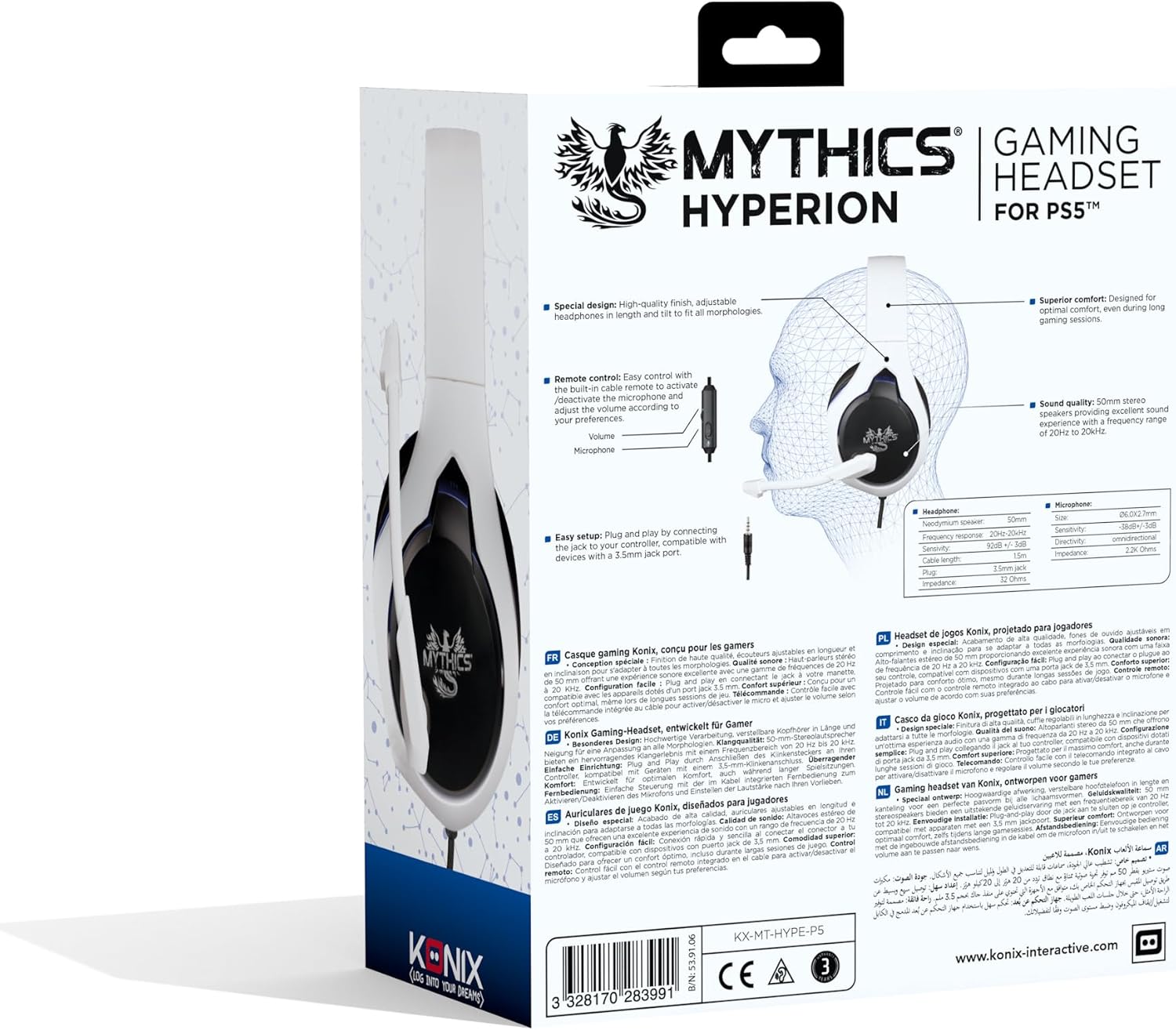 Casque Gaming Konix Mythics Hyperion Filaire 50 mm – PS5 | Blanc & Noir