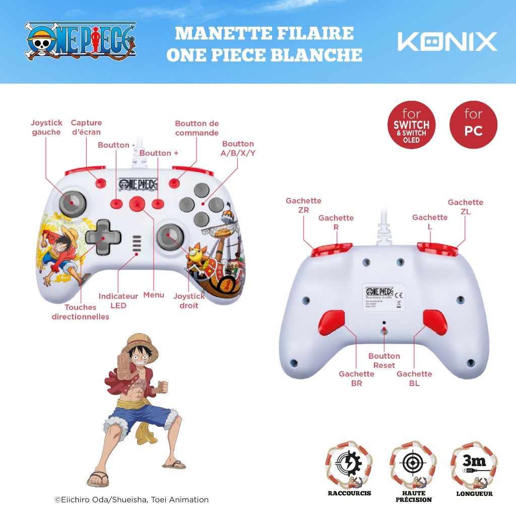Manette Konix One Piece Luffy – Filaire Switch et PC
