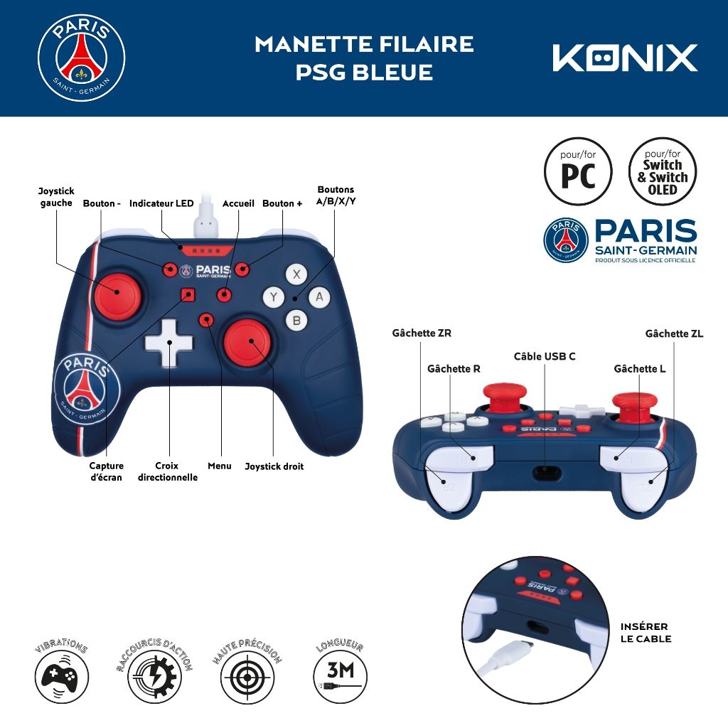 Manette Filaire Konix PSG – Compatible Switch, Switch 2 & PC